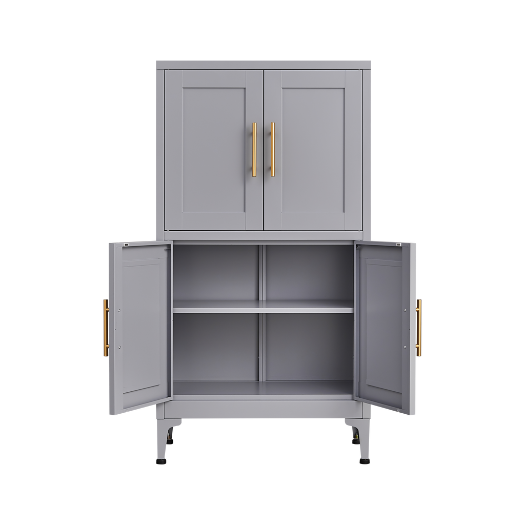 Grey metal kitchen storage cabinet, kitchen pantry storage cabinet with door and shelf, adjustable leveling feet