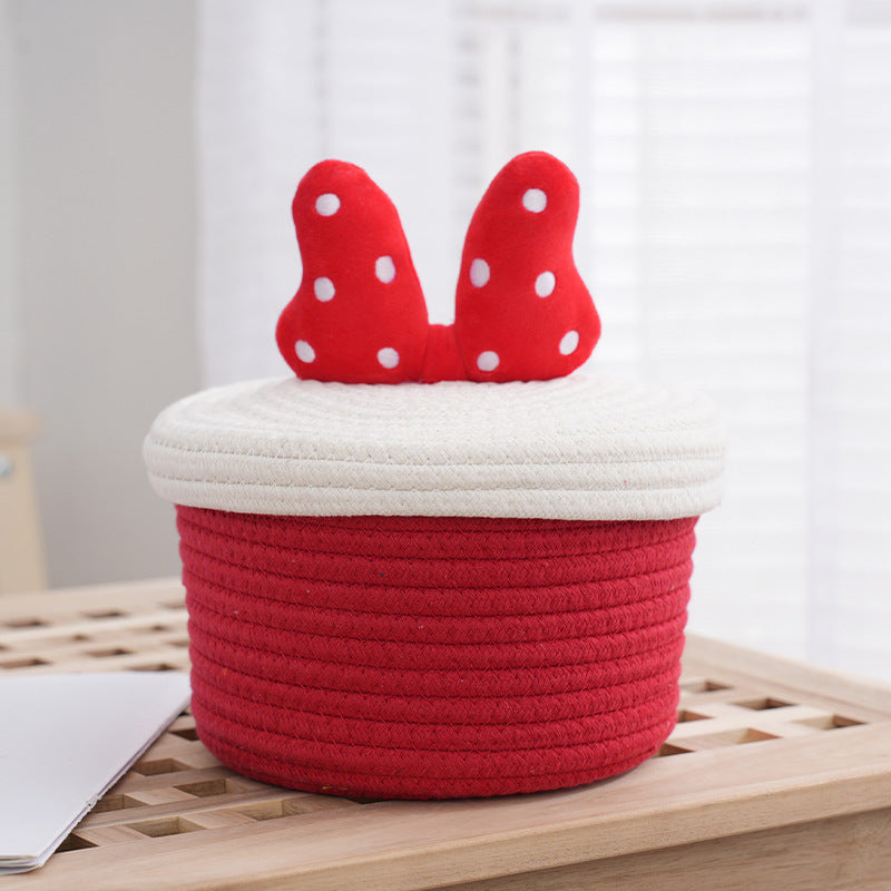 Cartoon cute home desktop sundries storage basket bedroom ornaments cotton rope storage basket with lid