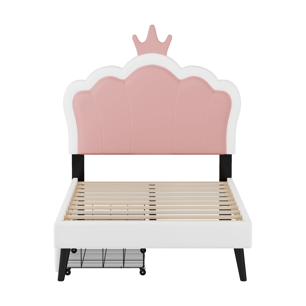Twin cushion princess bed with crown headboard and 2 drawers with headboard and footrest, pink+white