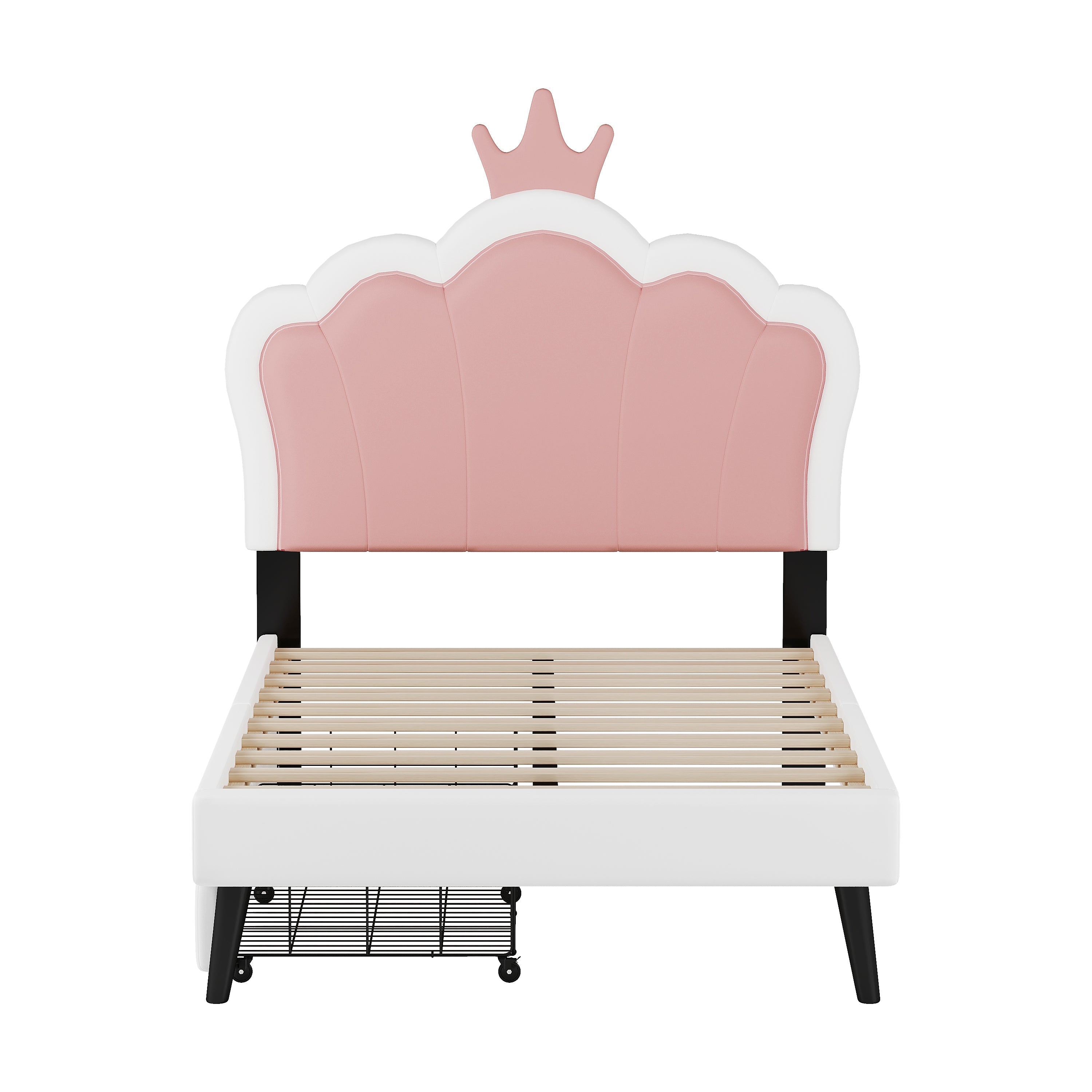 Twin cushion princess bed with crown headboard and 2 drawers with headboard and footrest, pink+white