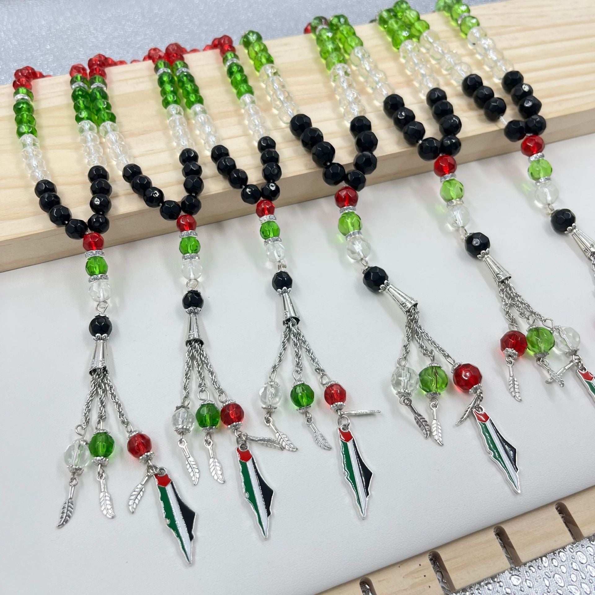 33 prayer beads in Palestinian flag colored crystal glass
