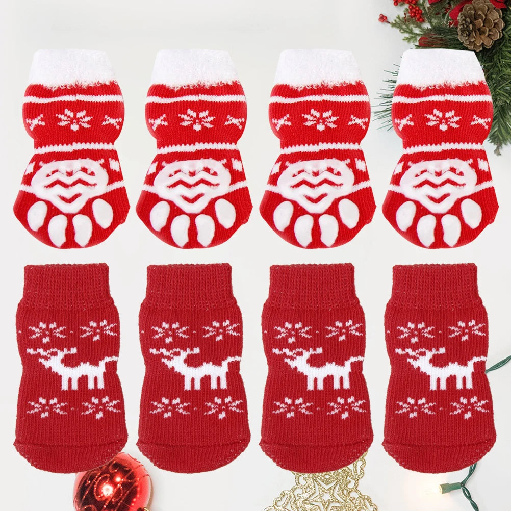 8pcs Pet Warm Cotton Socks Soft Anti Slip Claw Pattern Protect Feet Cold Snow Christmas Dog Cat Stockings Gifts