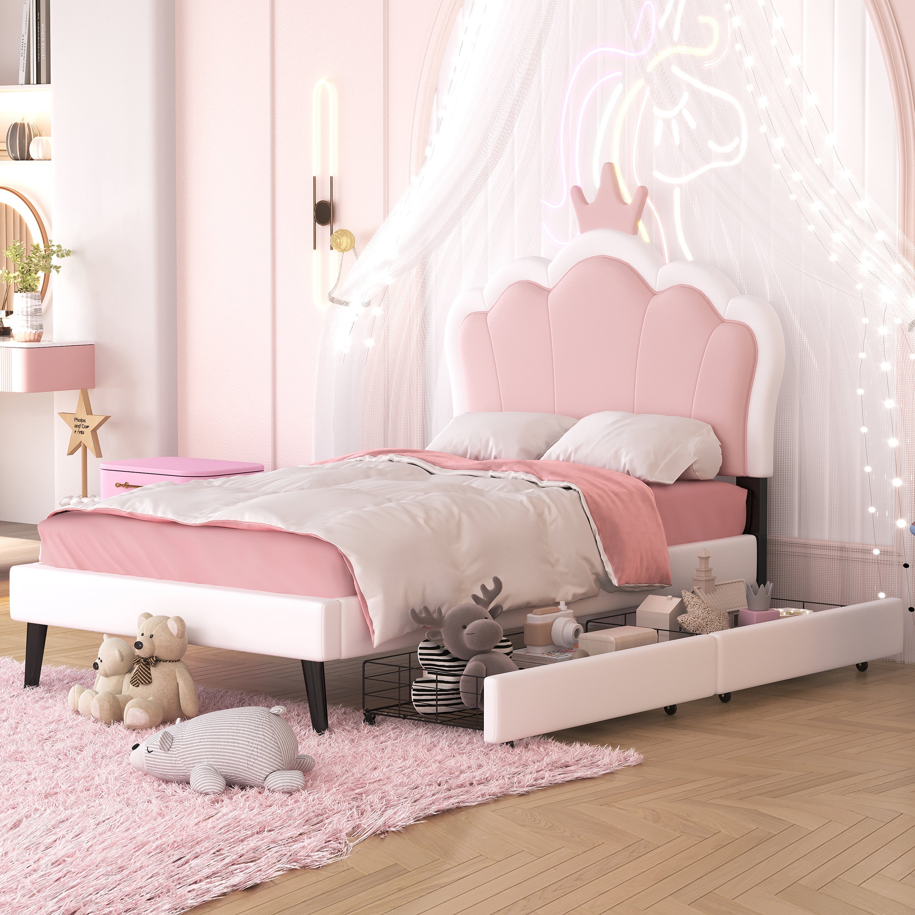 Twin cushion princess bed with crown headboard and 2 drawers with headboard and footrest, pink+white