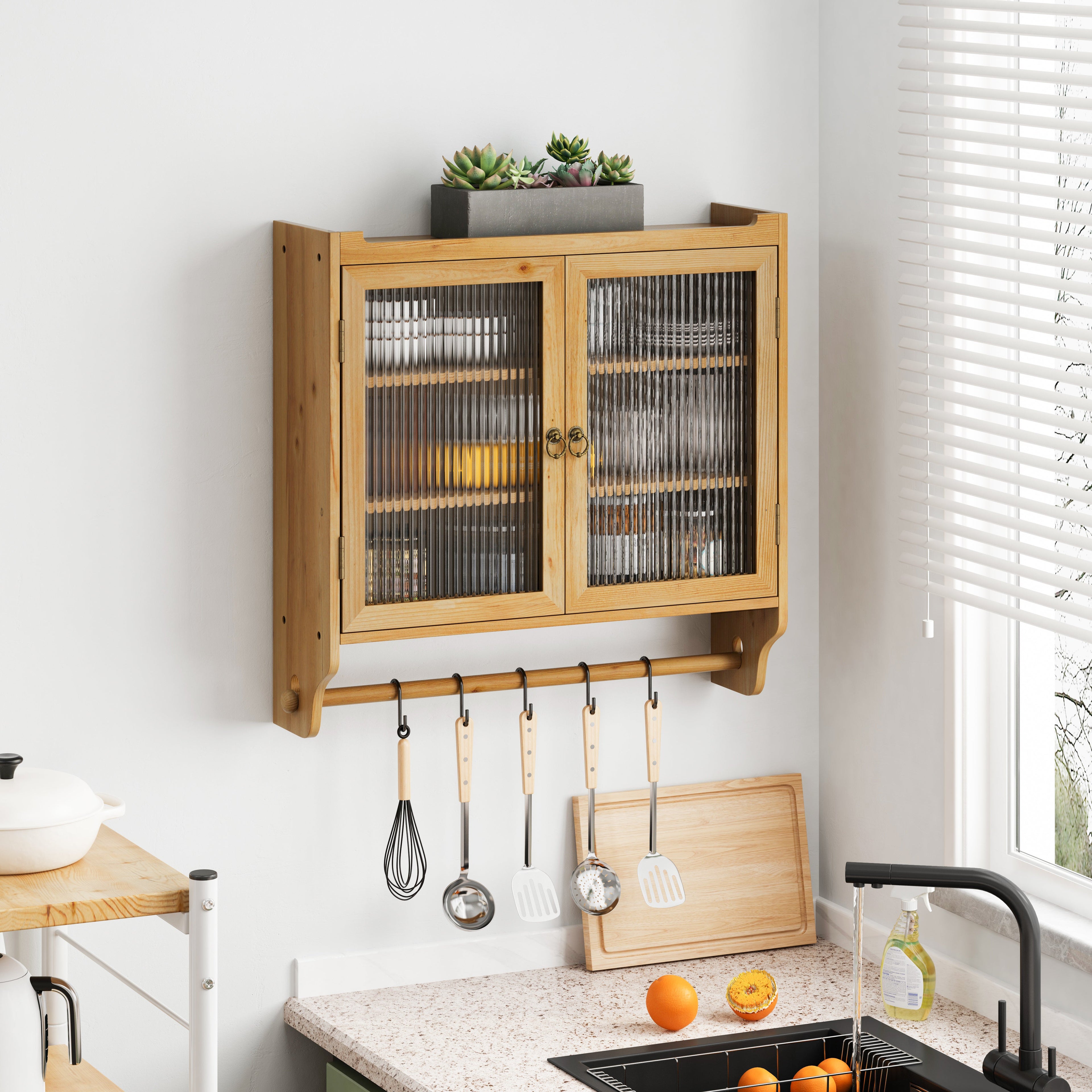 24.8 '' Glass door retro double door wall cabinet with three levels of storage space with towel rack, original wood color