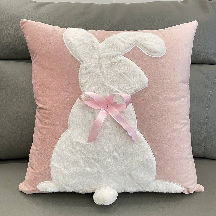 Soft Rabbit Pillow Cover Sofa Cushion Velvet Embroidered Pillow Girl's Heart Pink Cartoon Pillow Cover Cute