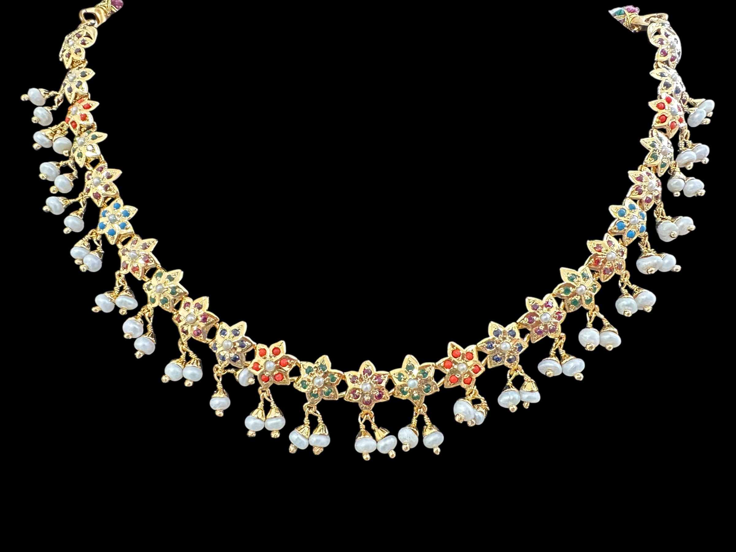 Navratan / Multicolored Jadau Necklace Set in Gold Plated Silver ( READY TO SHIP )