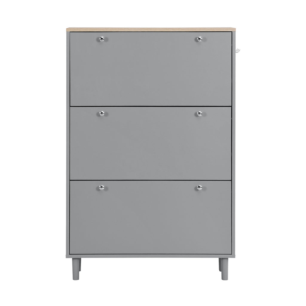 ON-TRANS narrow design shoe cabinet with 3 flip drawers and 3 independent shoe racks with 3 hooks, gray