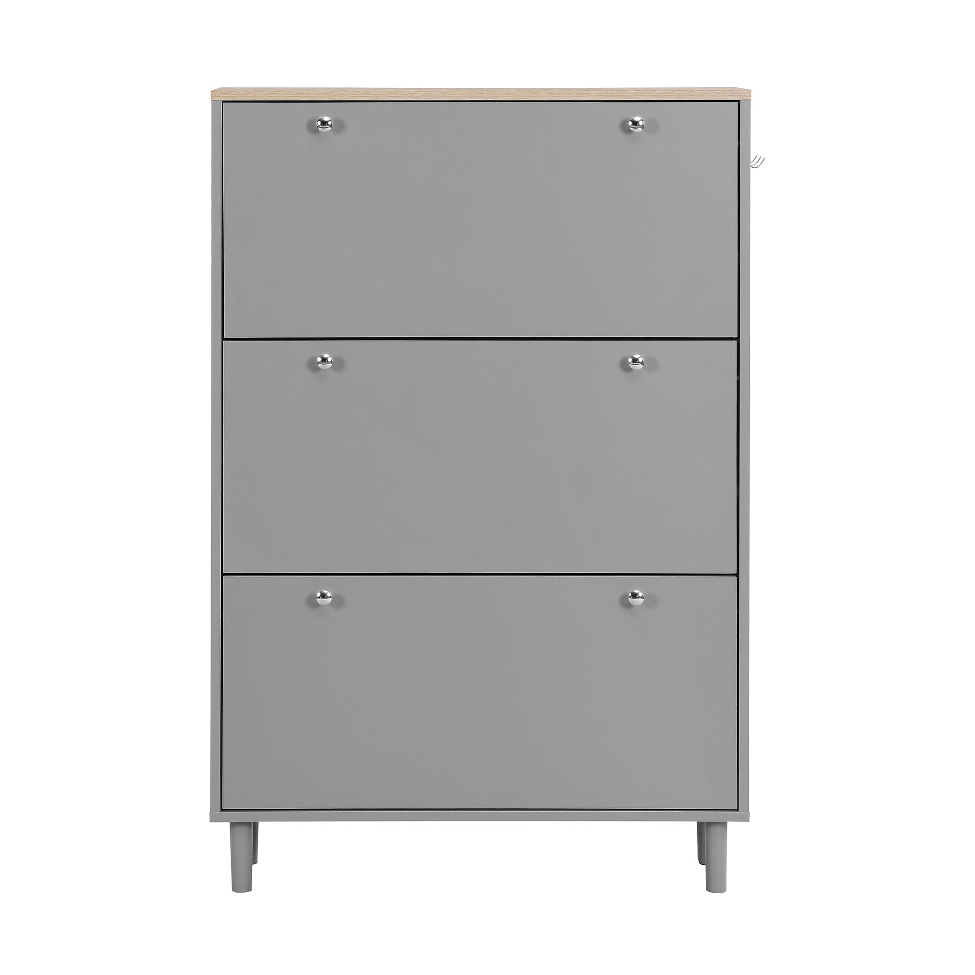 ON-TRANS narrow design shoe cabinet with 3 flip drawers and 3 independent shoe racks with 3 hooks, gray