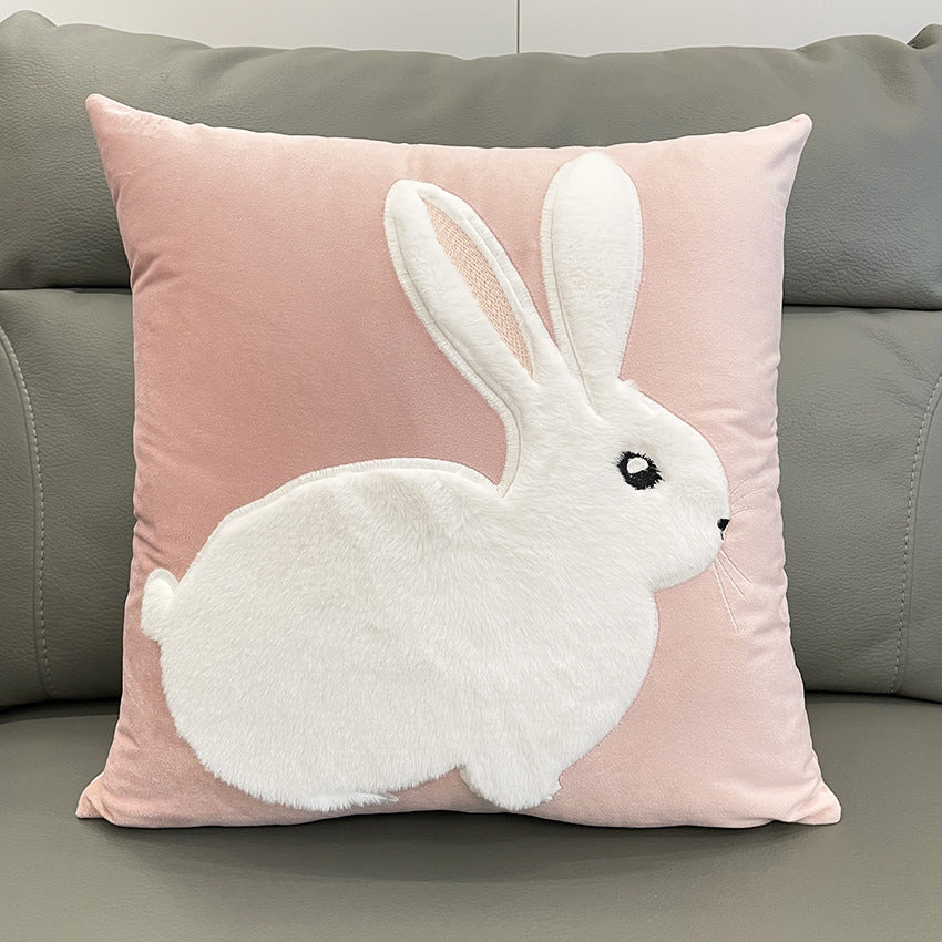 Soft Rabbit Pillow Cover Sofa Cushion Velvet Embroidered Pillow Girl's Heart Pink Cartoon Pillow Cover Cute