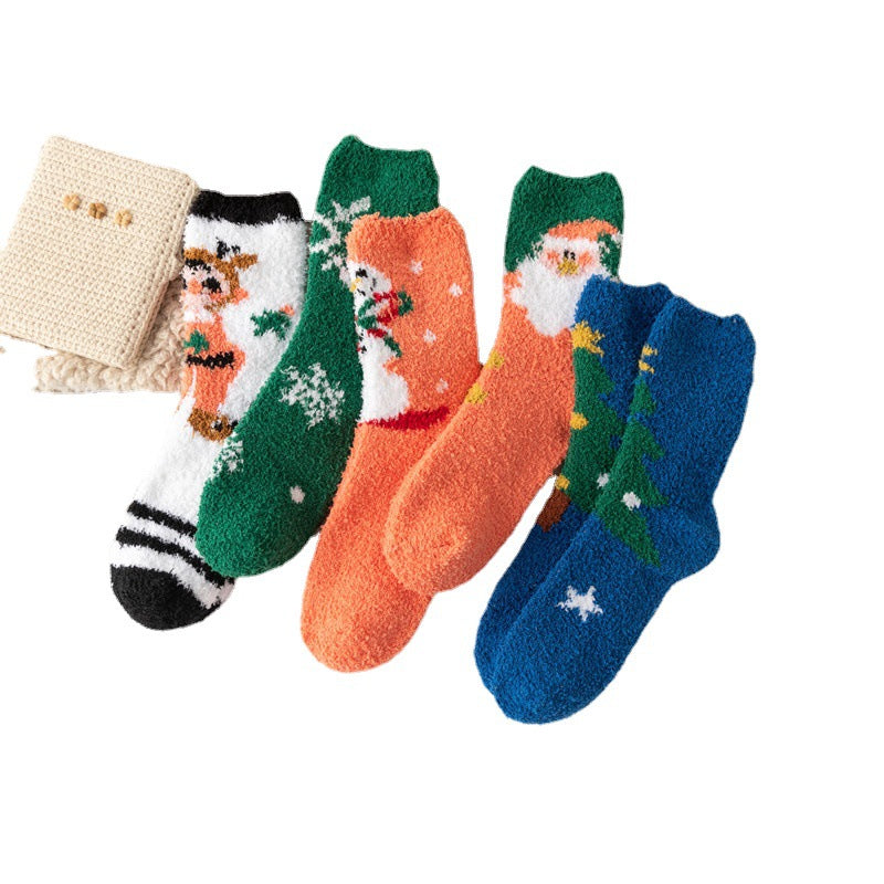 Christmas orange socks for children, winter thick INS trendy warm home socks, coral fleece flooring