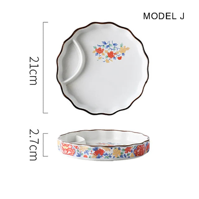 Dumpling plate sushi plate round square plate with soy sauce and vinegar partitioned snack plate ceramic plate for home use