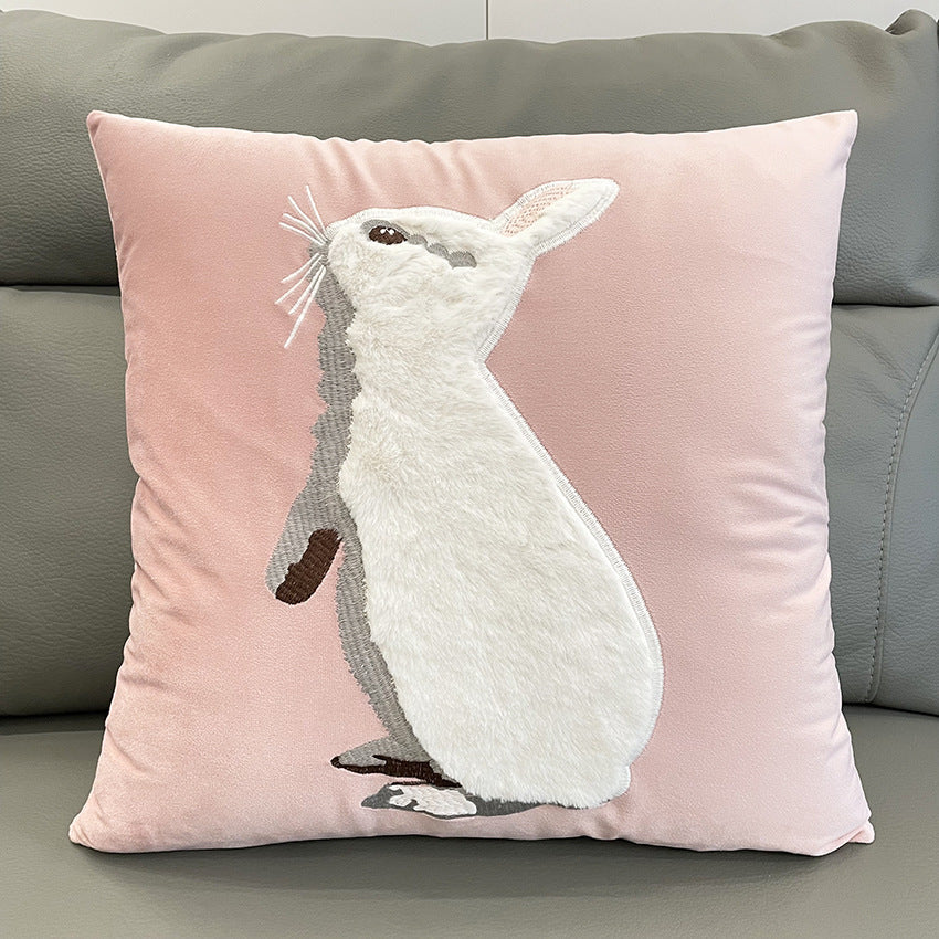 Soft Rabbit Pillow Cover Sofa Cushion Velvet Embroidered Pillow Girl's Heart Pink Cartoon Pillow Cover Cute
