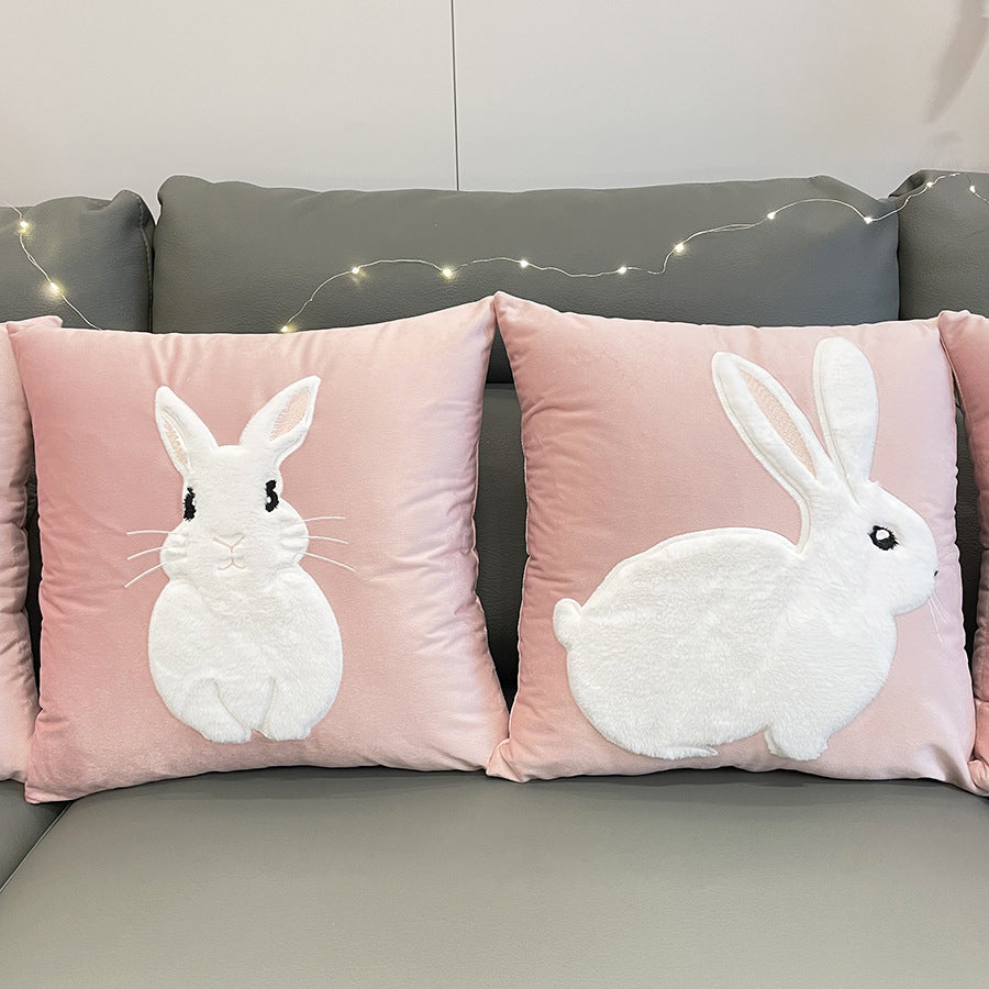 Soft Rabbit Pillow Cover Sofa Cushion Velvet Embroidered Pillow Girl's Heart Pink Cartoon Pillow Cover Cute