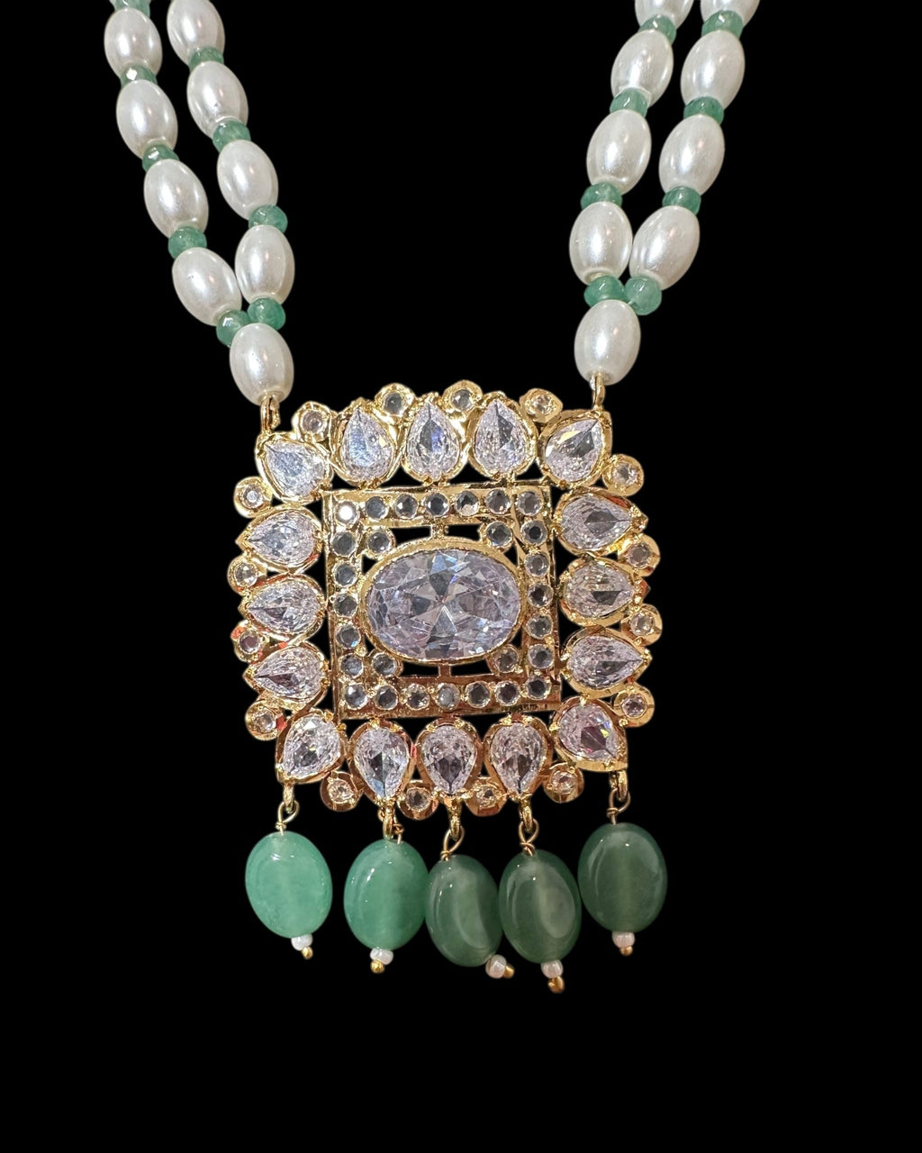 PS561 Hyderabadi pendant set with high quality zircon stones and light green beads ( SHIPS IN 2 WEEKS )