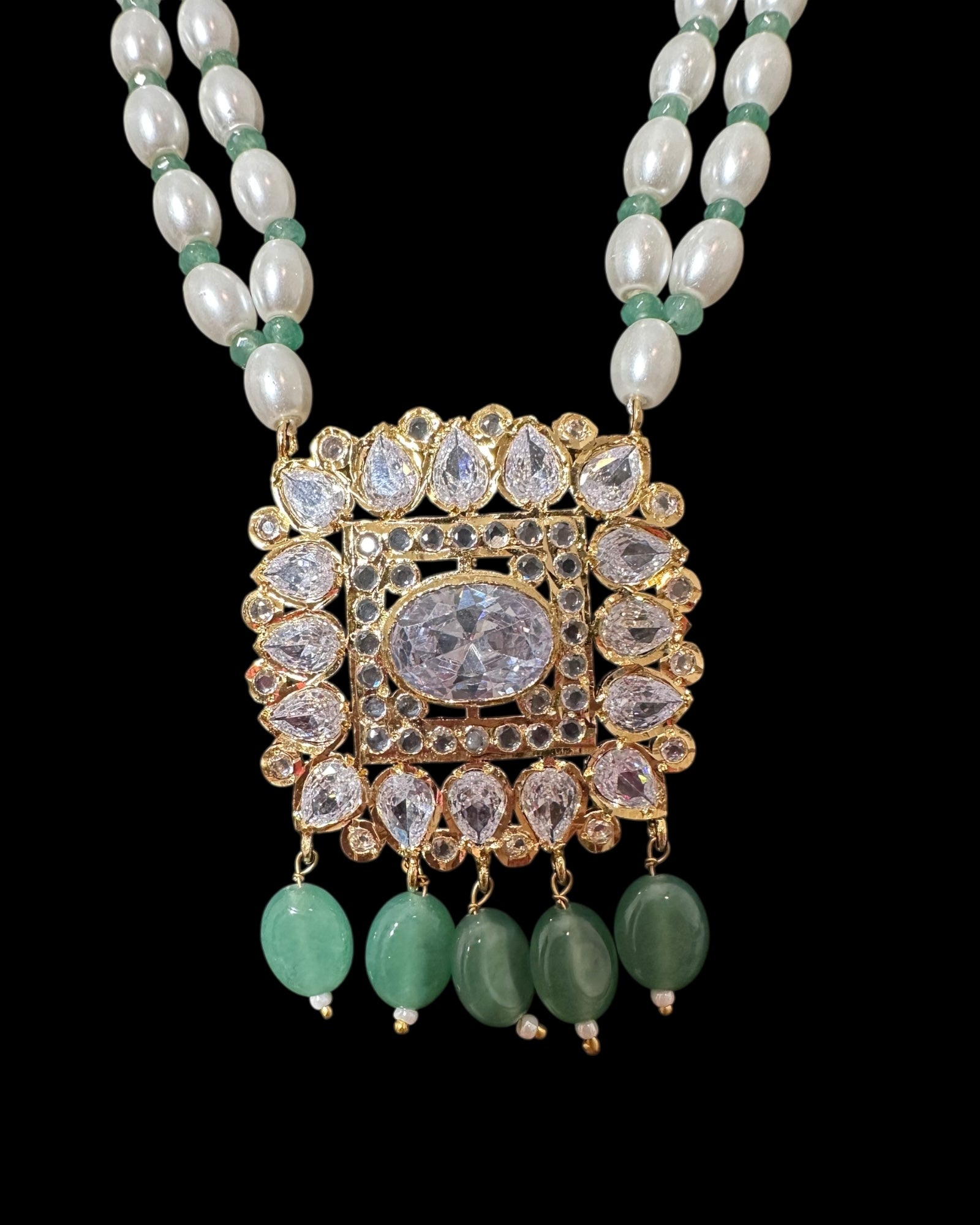 PS561 Hyderabadi pendant set with high quality zircon stones and light green beads ( SHIPS IN 2 WEEKS )