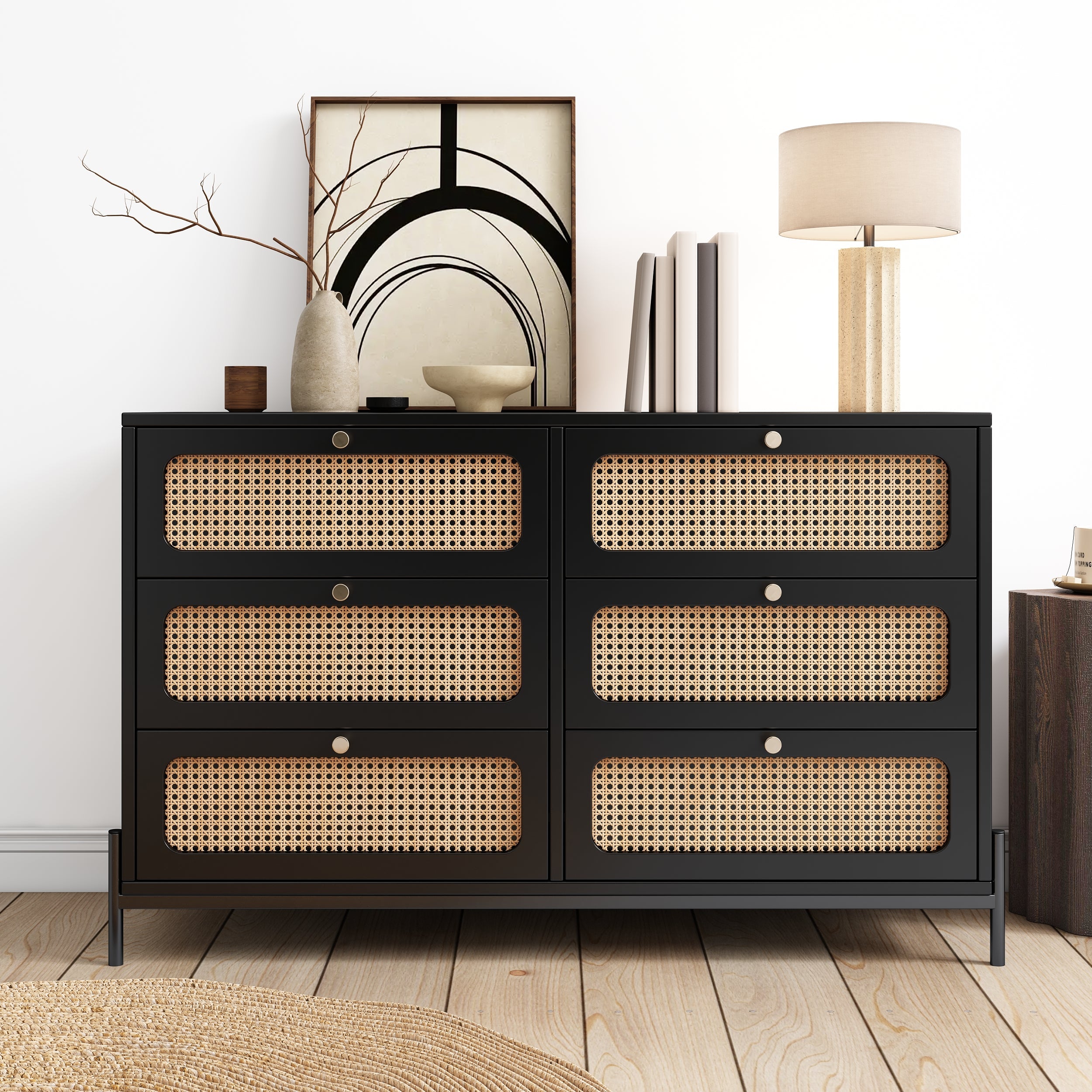 Modern hemp vine wood closet with 6 drawers, dressing table, wooden storage cabinet side panel, black
