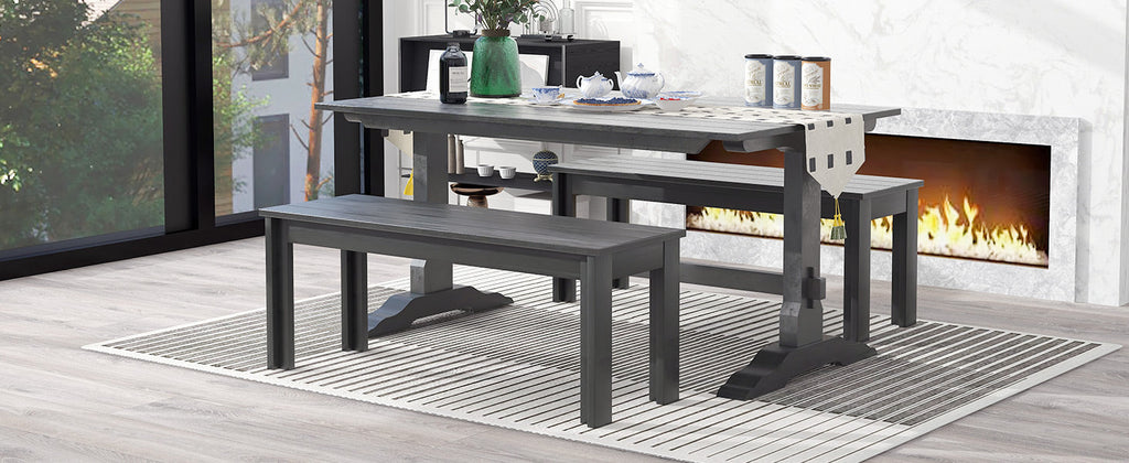 TREXM 3-piece retro cutlery set, rectangular stand table, and 2 wooden stools for 4 people (gray)