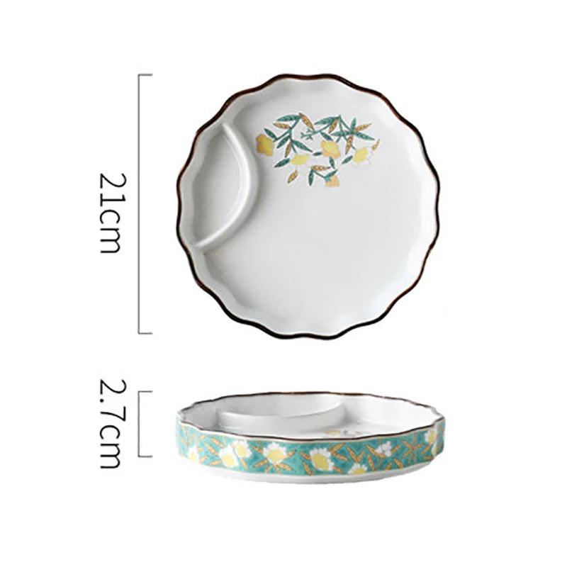 Dumpling plate sushi plate round square plate with soy sauce and vinegar partitioned snack plate ceramic plate for home use