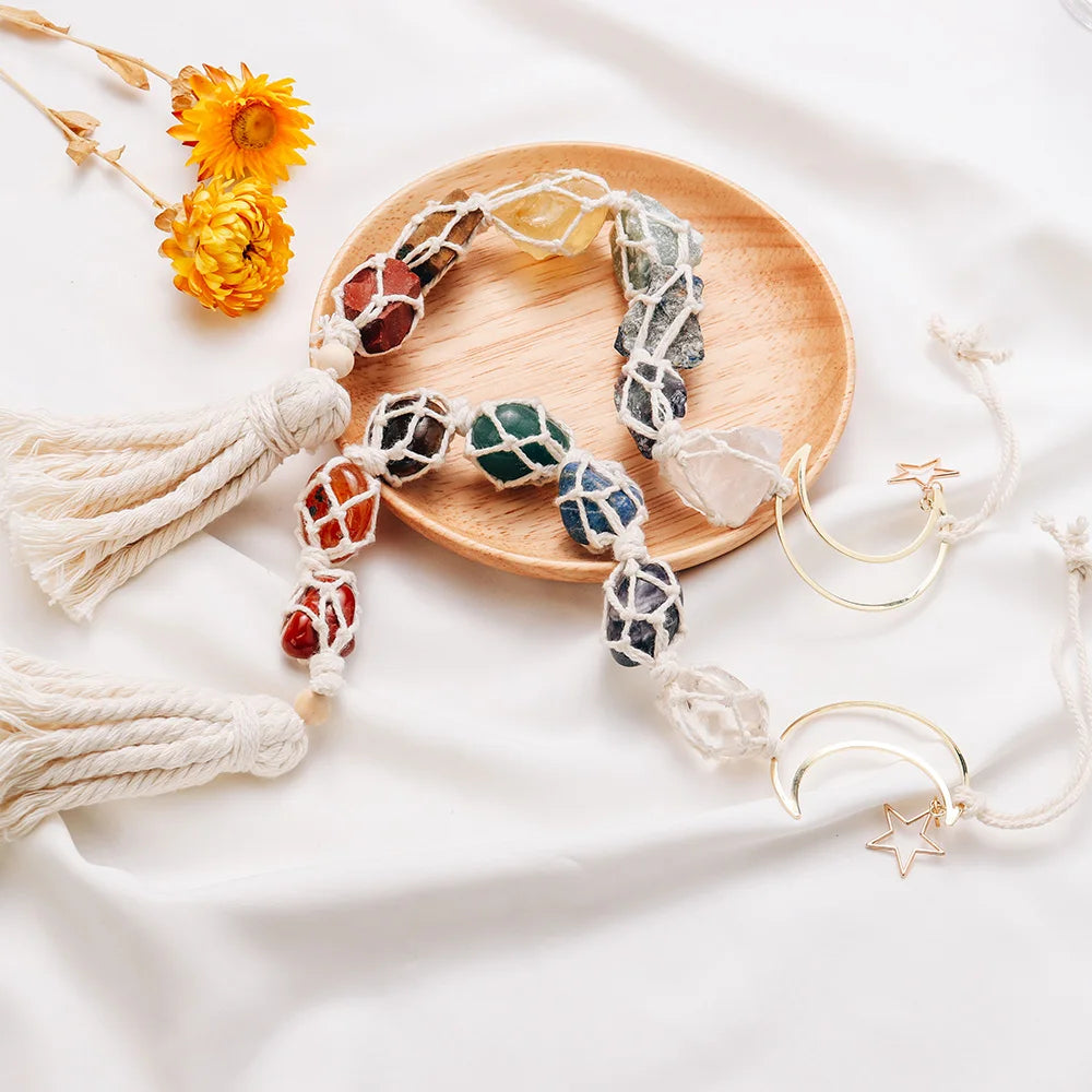 Natural Crystal Seven Color Gemstone White Rope Mesh Bag Hand woven Car Hanging Polishing Gemstone Jewelry Pendant