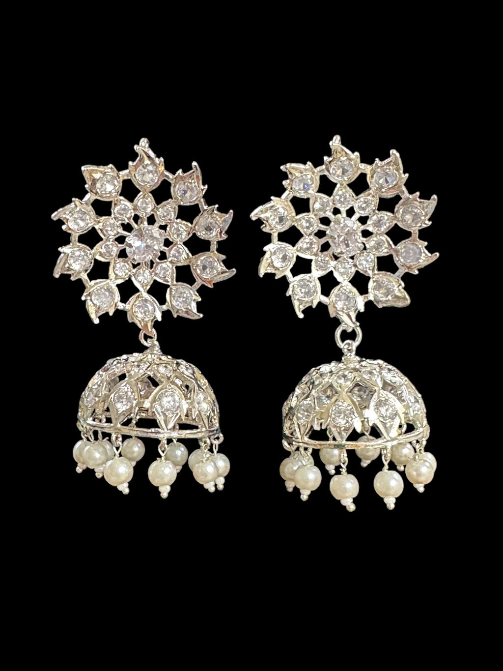 DER549 karanphool jhumka - large size silver plated  ( SHIPS IN 3 WEEKS )