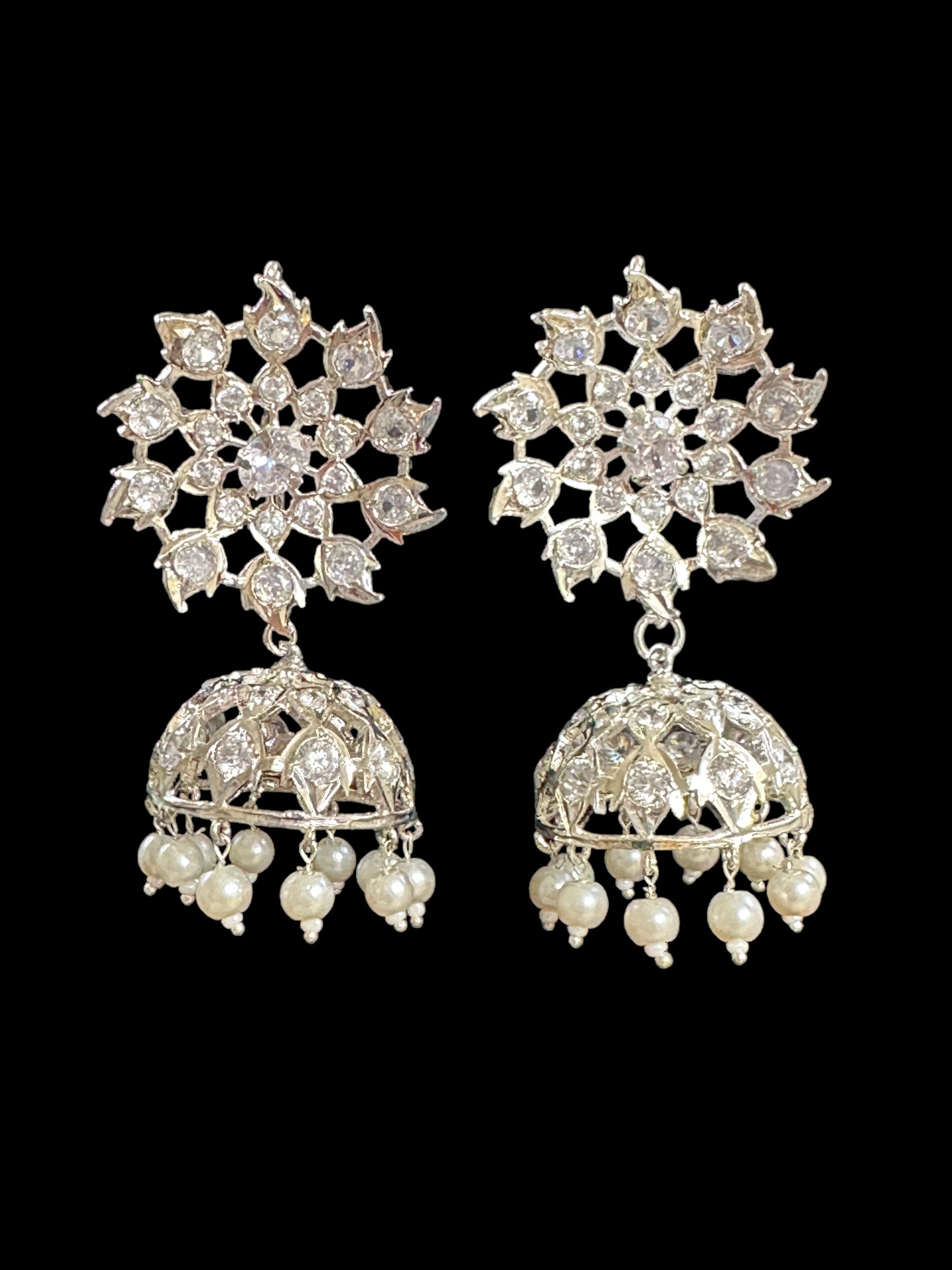 DER549 karanphool jhumka - large size silver plated  ( SHIPS IN 3 WEEKS )