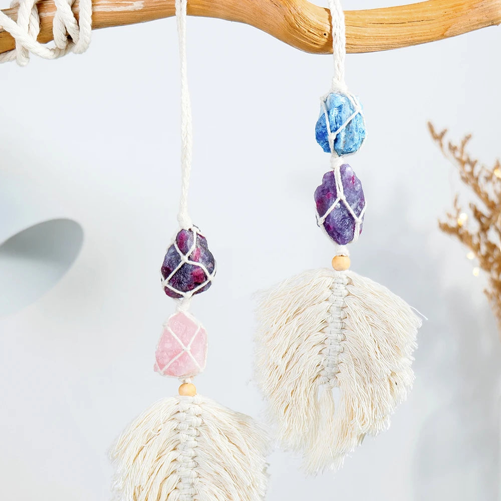 Natural Crystal Raw Stone Handmade Weave Dreams Catcher Car Hanging Pendant Healing Amethyst Window Ornament Home Decoration