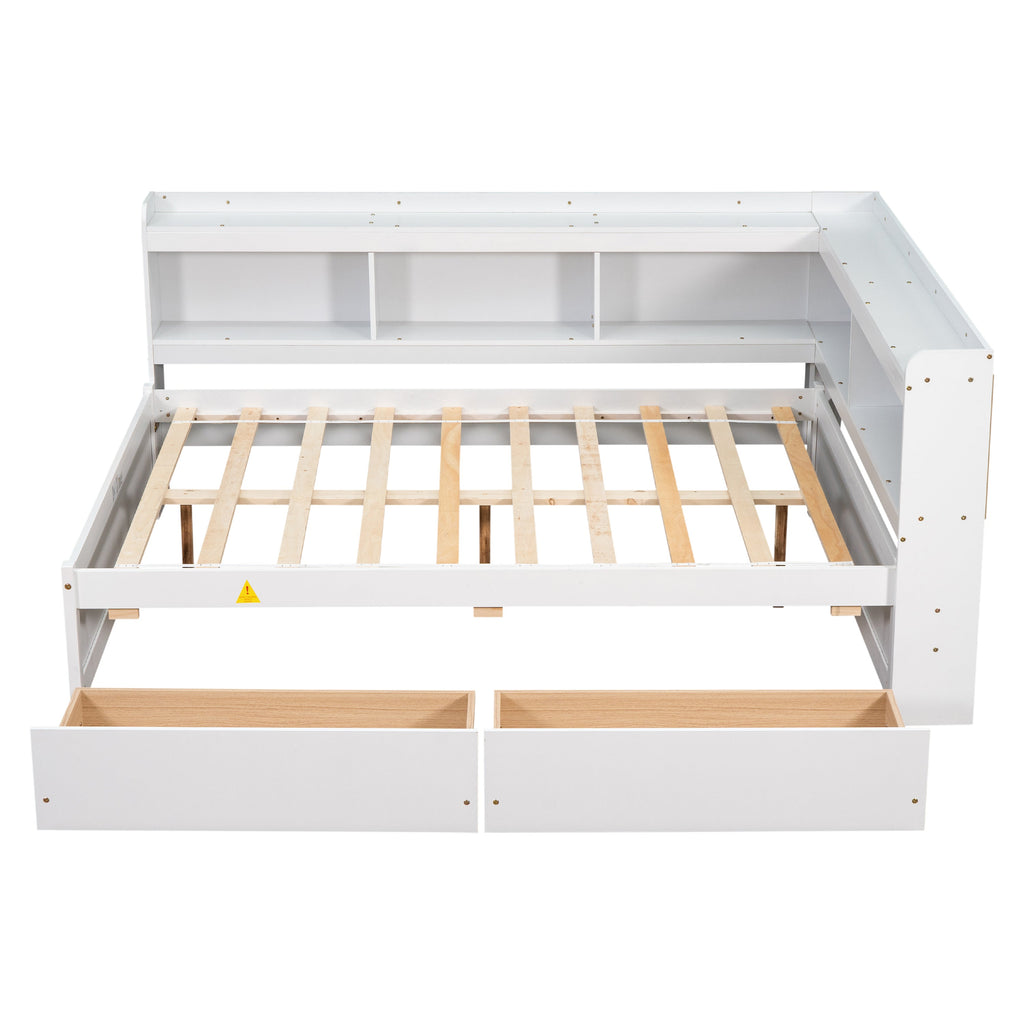 Full Bed with L-shaped Bookcases, Drawers ,White