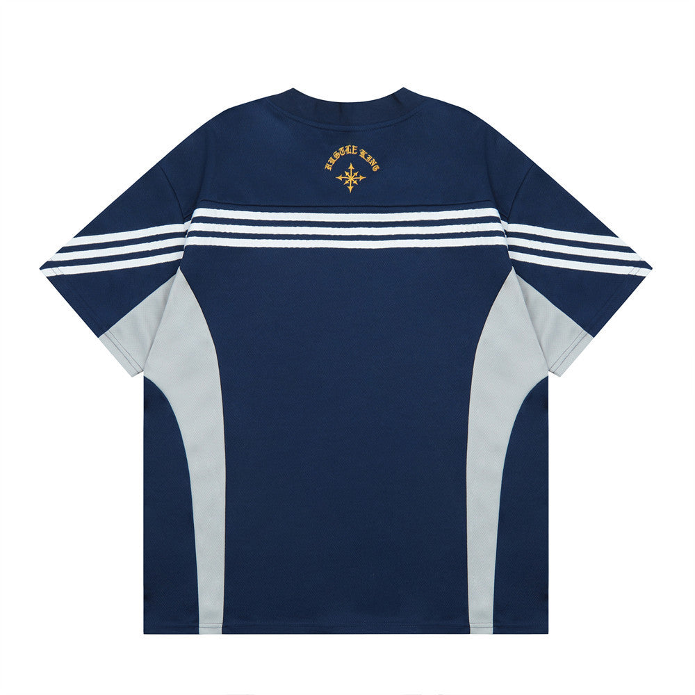 Color Block Splicing V-Neck Sports Short Sleeve T-Shirt Men's Letter Embroidery Breathable Quick-Dry Loose Casual Top
