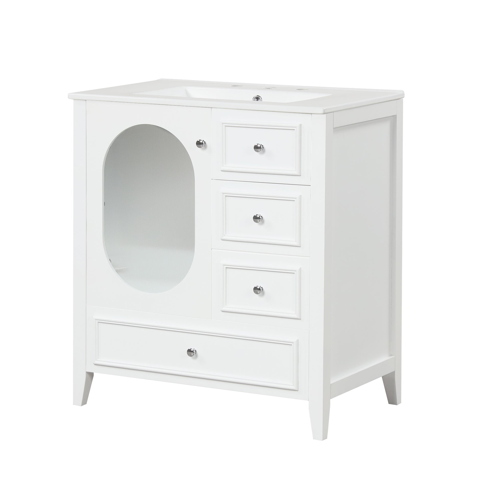 30" Bathroom Vanity with Sink, Bathroom Vanity Cabinet with Three Drawers and Door, Solid Wood and MDF, White