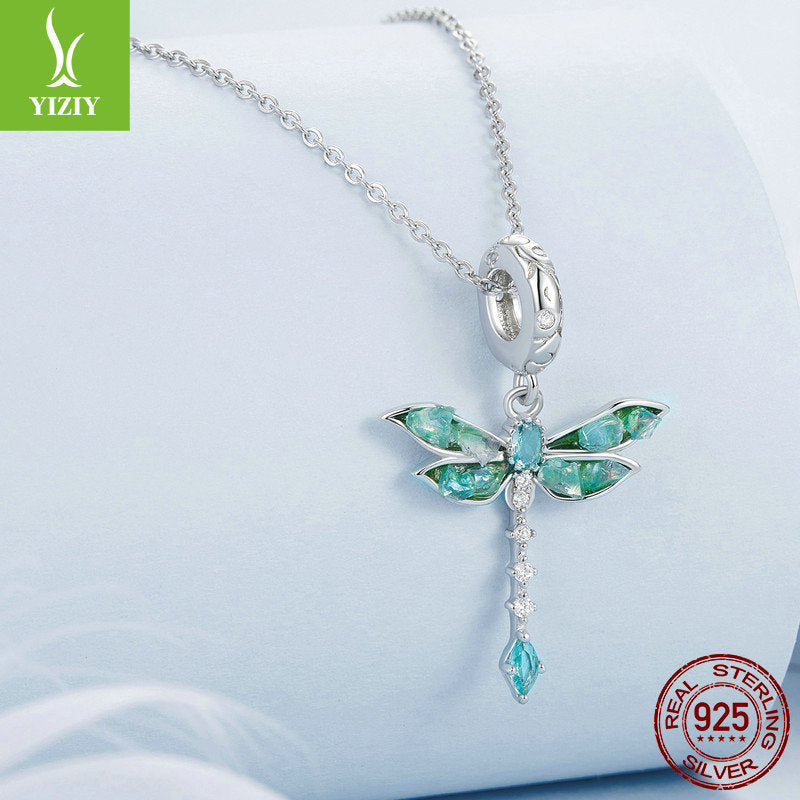 Silver Charm Original Retro Green Dragonfly DIY Pendant Accessories Charm Lucky s925 Pure Silver Insect Beads