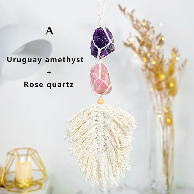 Natural Crystal Raw Stone Handmade Weave Dreams Catcher Car Hanging Pendant Healing Amethyst Window Ornament Home Decoration