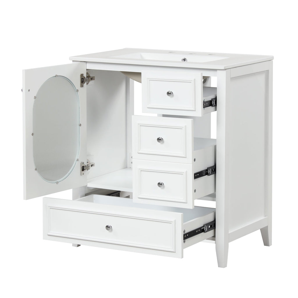 30" Bathroom Vanity with Sink, Bathroom Vanity Cabinet with Three Drawers and Door, Solid Wood and MDF, White