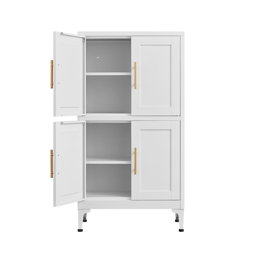 White metal kitchen storage cabinet, kitchen pantry storage cabinet with door and shelf, adjustable leveling feet