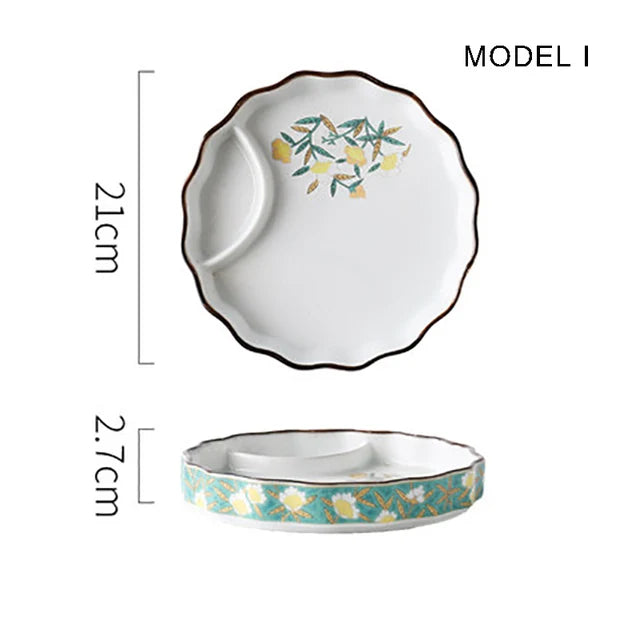 Dumpling plate sushi plate round square plate with soy sauce and vinegar partitioned snack plate ceramic plate for home use