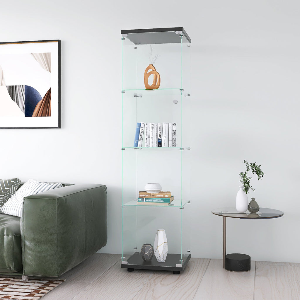 4 glass display cabinets with door shelves, floor standing antique bookshelf, 64.7 "* 16.7" * 14.3 ", black