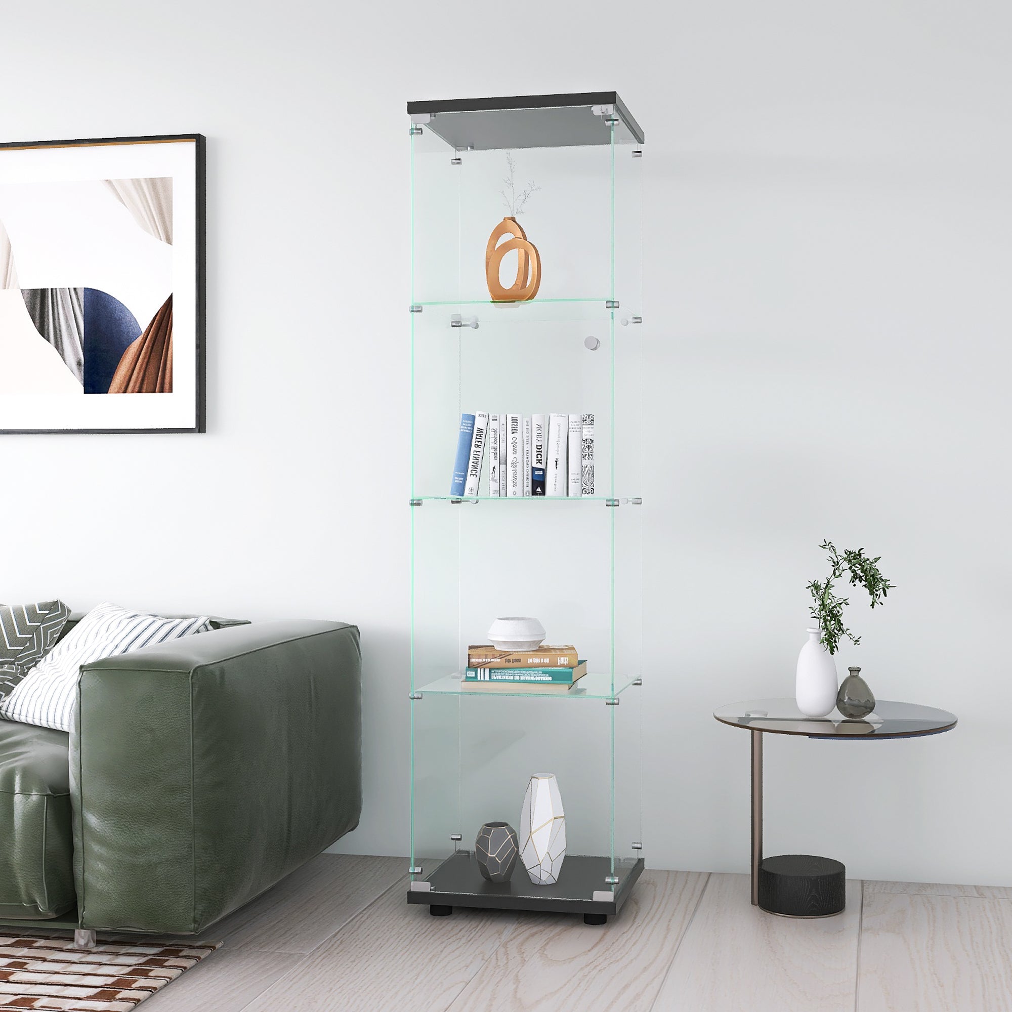 4 glass display cabinets with door shelves, floor standing antique bookshelf, 64.7 "* 16.7" * 14.3 ", black