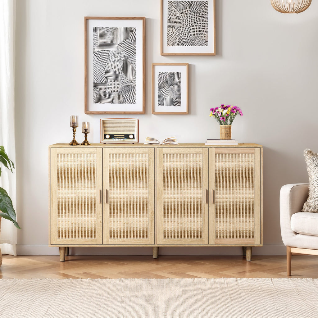 62.20"Elegant and Functional 4-Door Rattan Decorative Storage Cabinet,for Bedroom,Living Room,Office,Easy Assembl