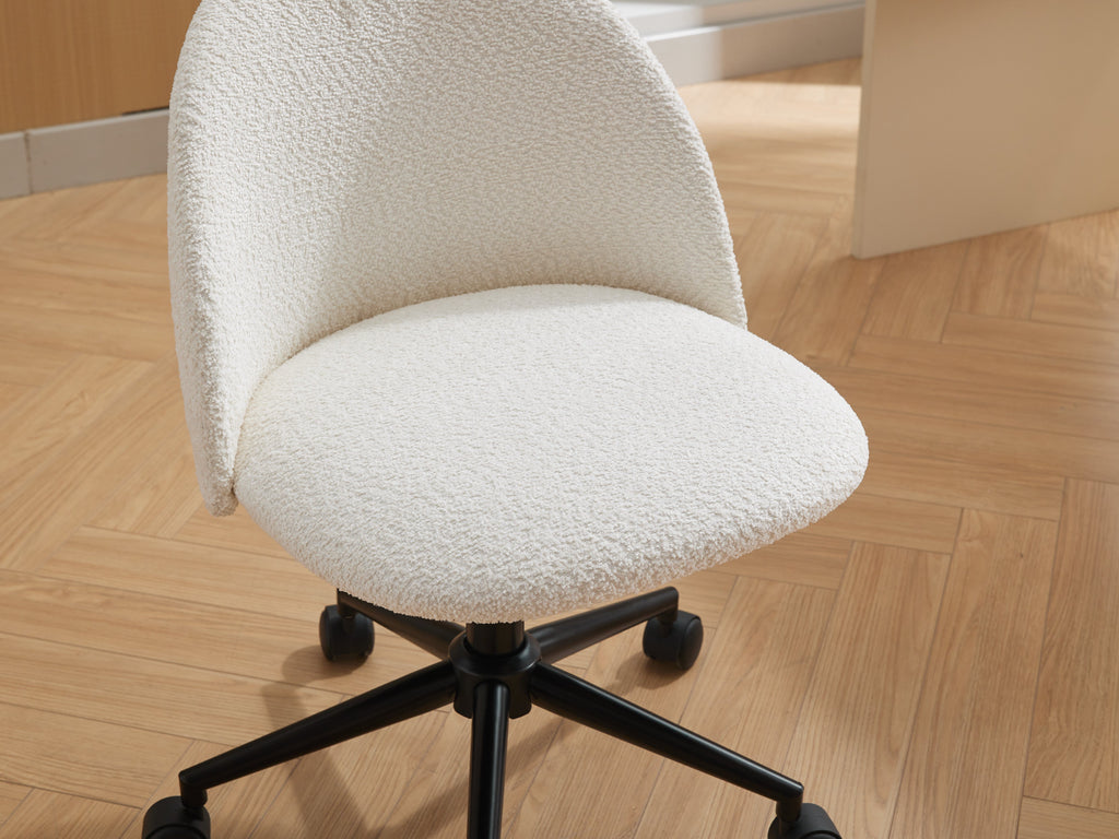 Velvet fabric office chair, mid back adjustable rotating computer chair, black legs, cushioned office chair with wheels ，White
