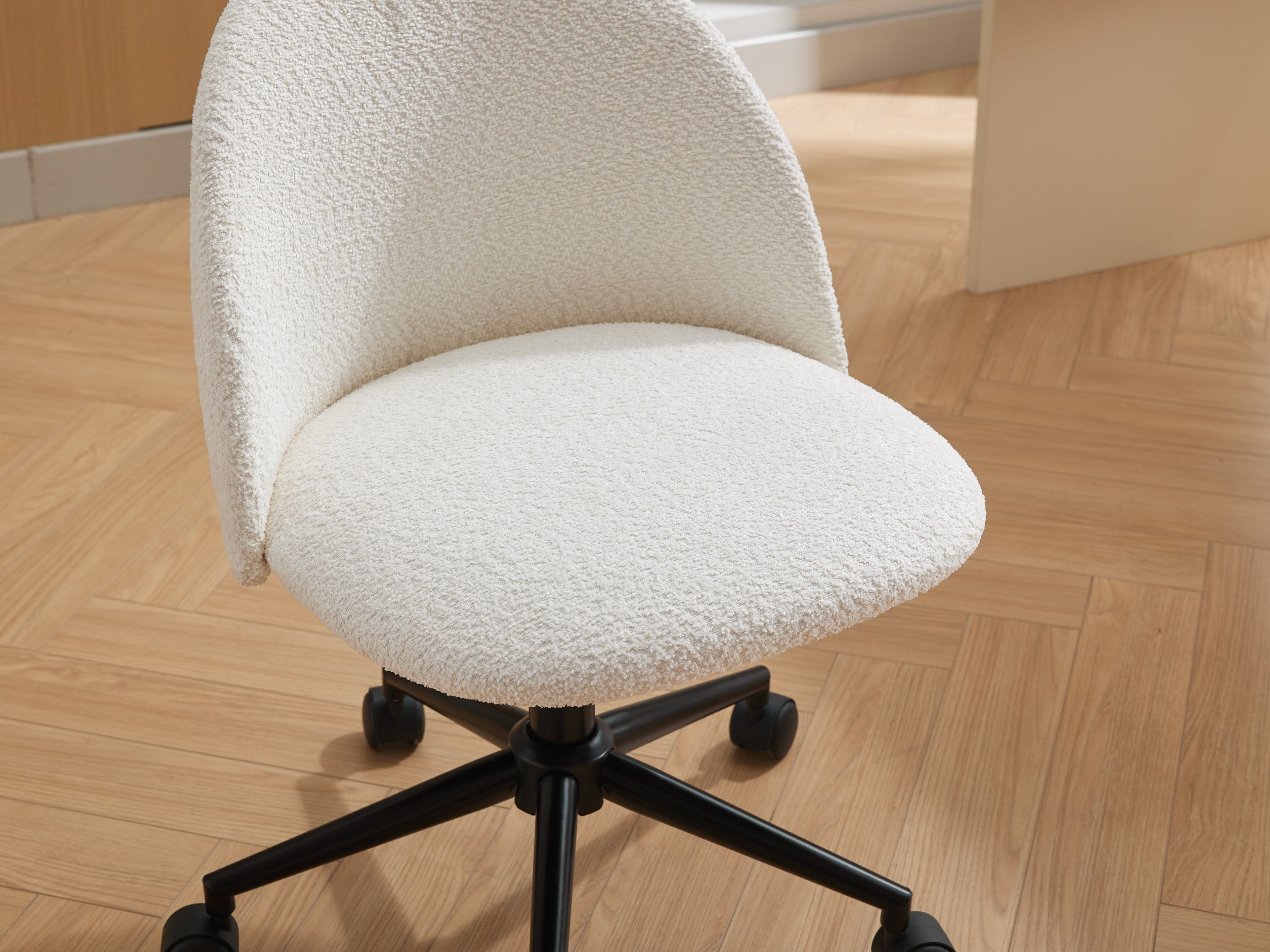 Velvet fabric office chair, mid back adjustable rotating computer chair, black legs, cushioned office chair with wheels ，White