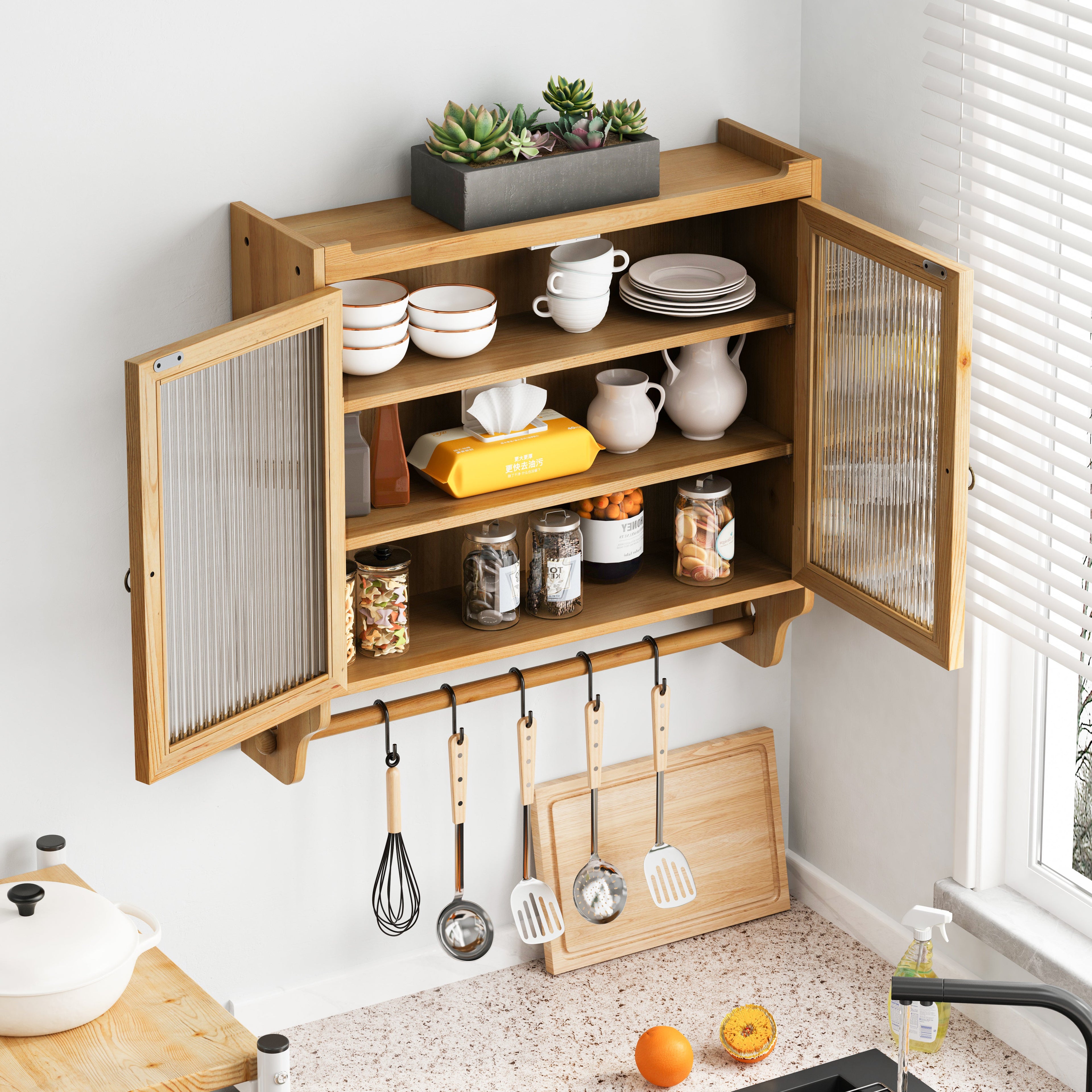 24.8 '' Glass door retro double door wall cabinet with three levels of storage space with towel rack, original wood color