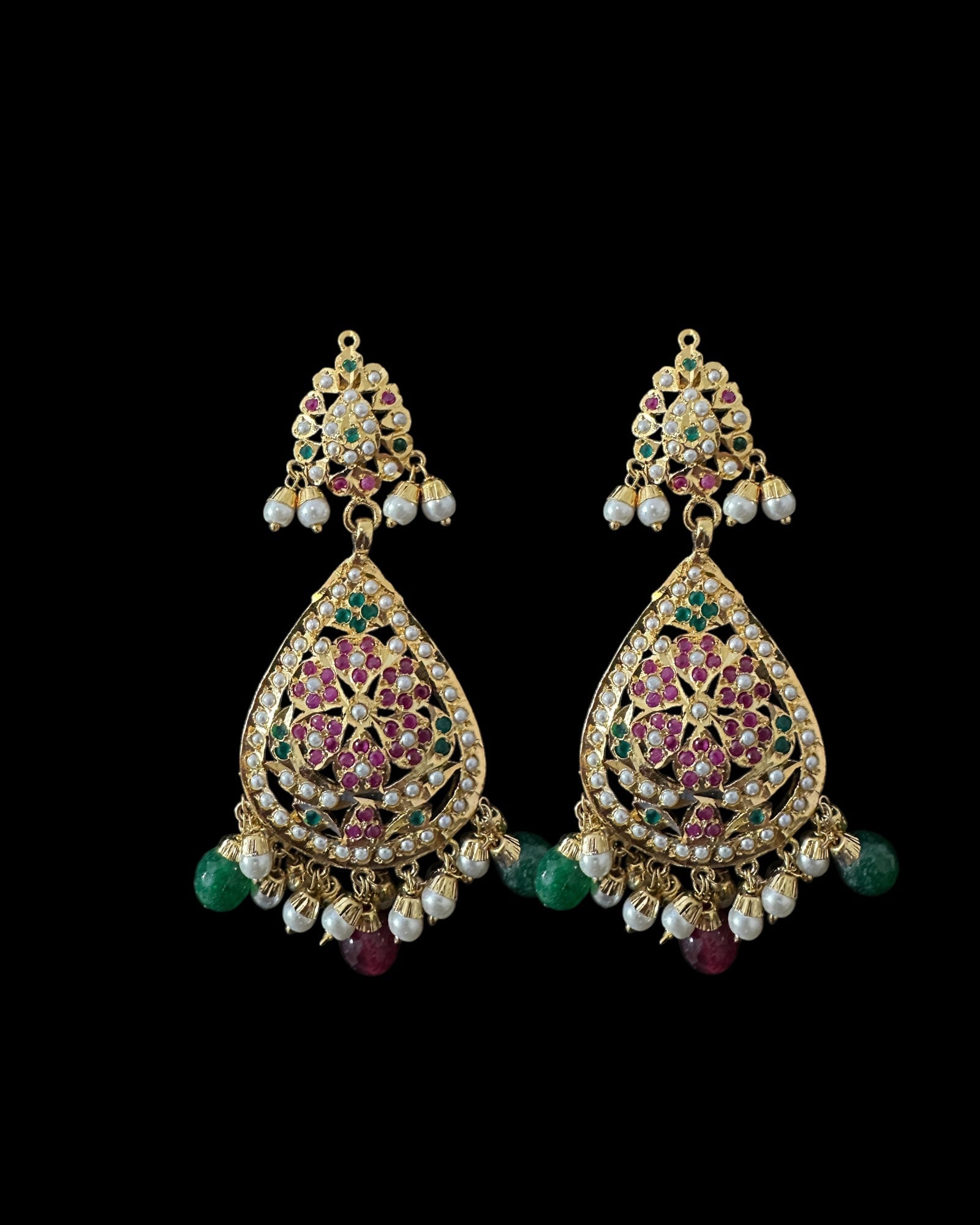 Piya jadau earrings tika in ruby emerald pearls ( READY TO SHIP )
