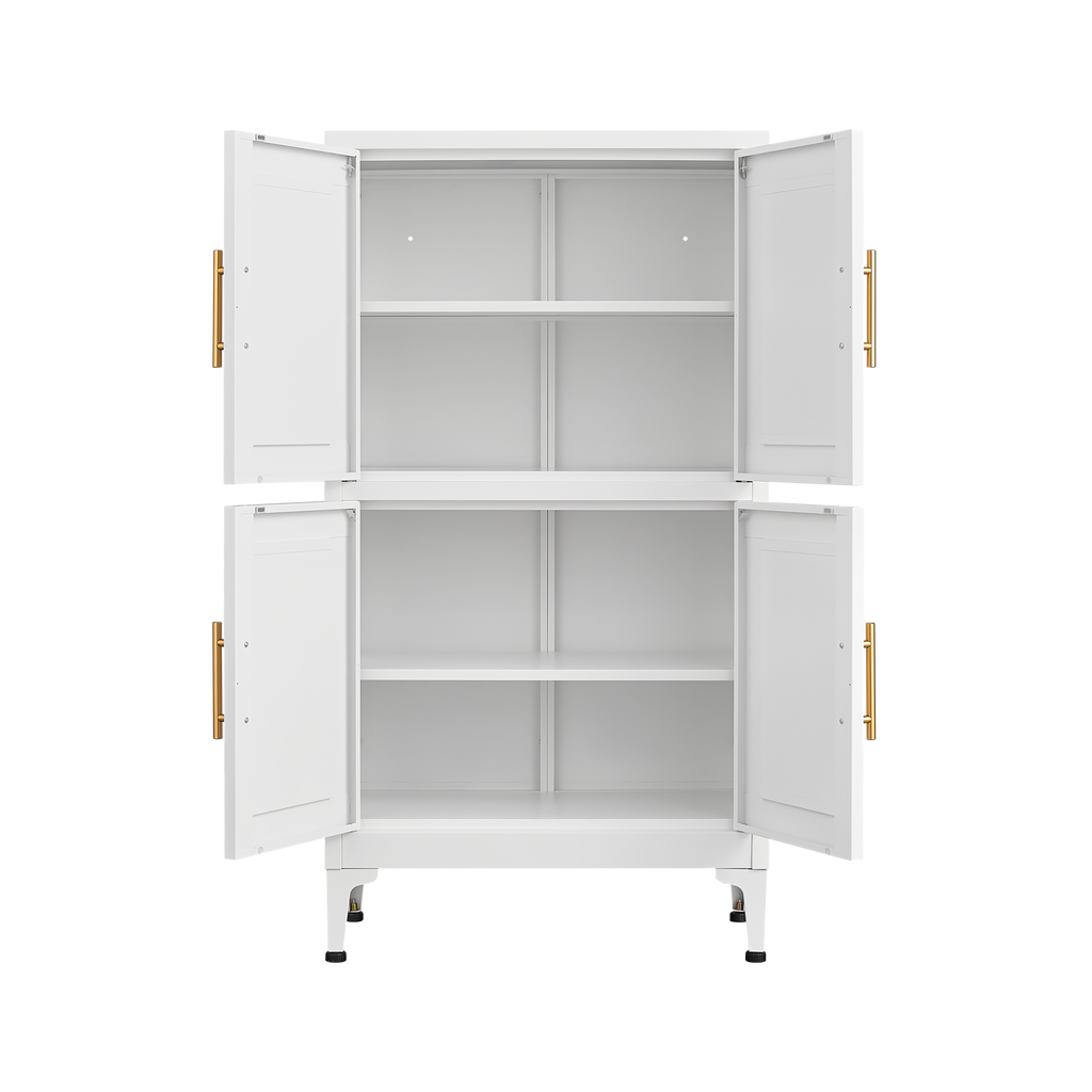 White metal kitchen storage cabinet, kitchen pantry storage cabinet with door and shelf, adjustable leveling feet