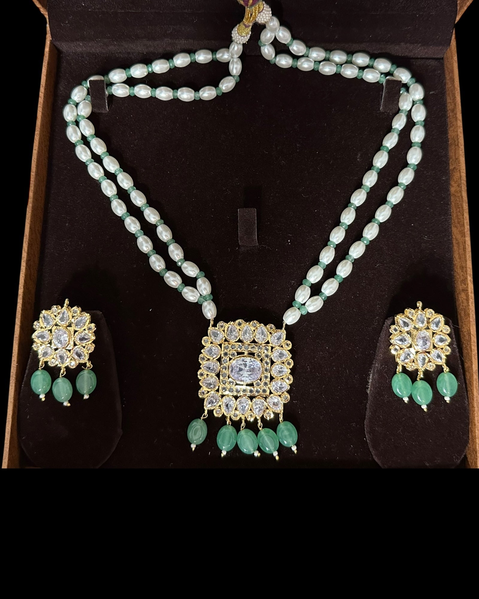 PS561 Hyderabadi pendant set with high quality zircon stones and light green beads ( SHIPS IN 2 WEEKS )