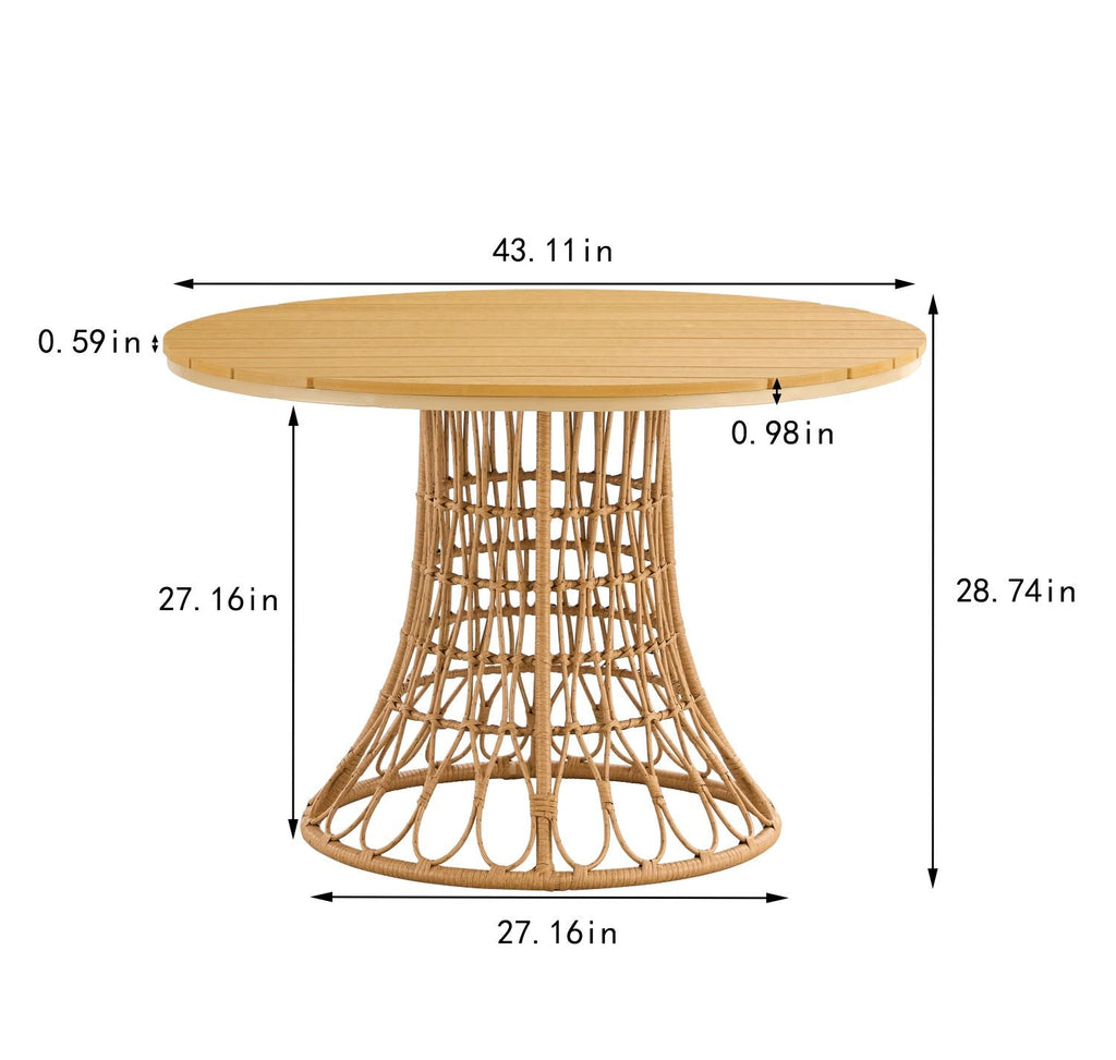 Outdoor dining set of 5 simple bamboo dinning table  PE ratten round table 110CM plastic wood top