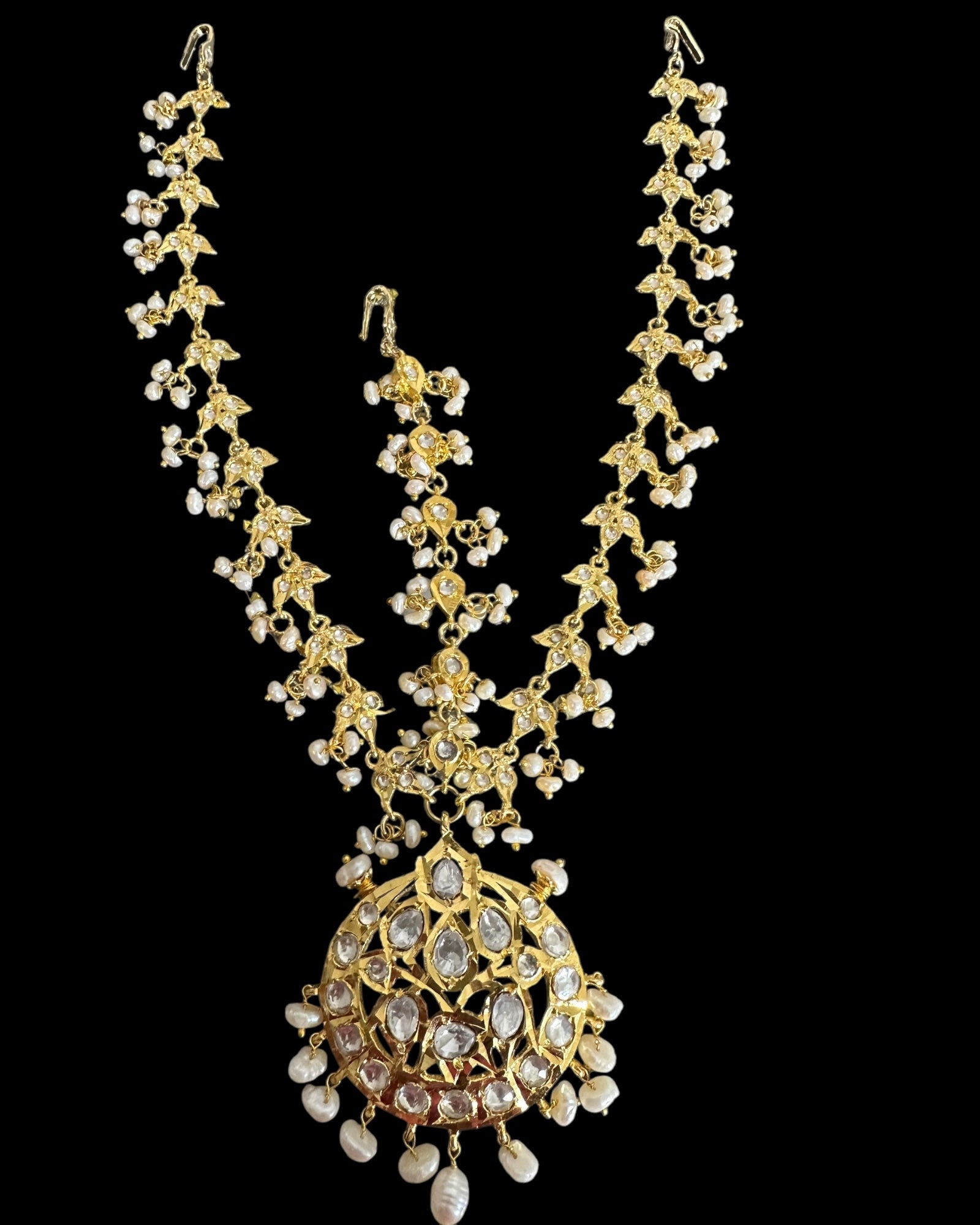 DJTK357 Neelofar moissanite Polki mathapatti with fresh water pearls ( READY TO SHIP)