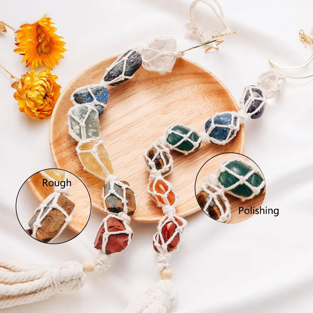 Natural Crystal Seven Color Gemstone White Rope Mesh Bag Hand woven Car Hanging Polishing Gemstone Jewelry Pendant