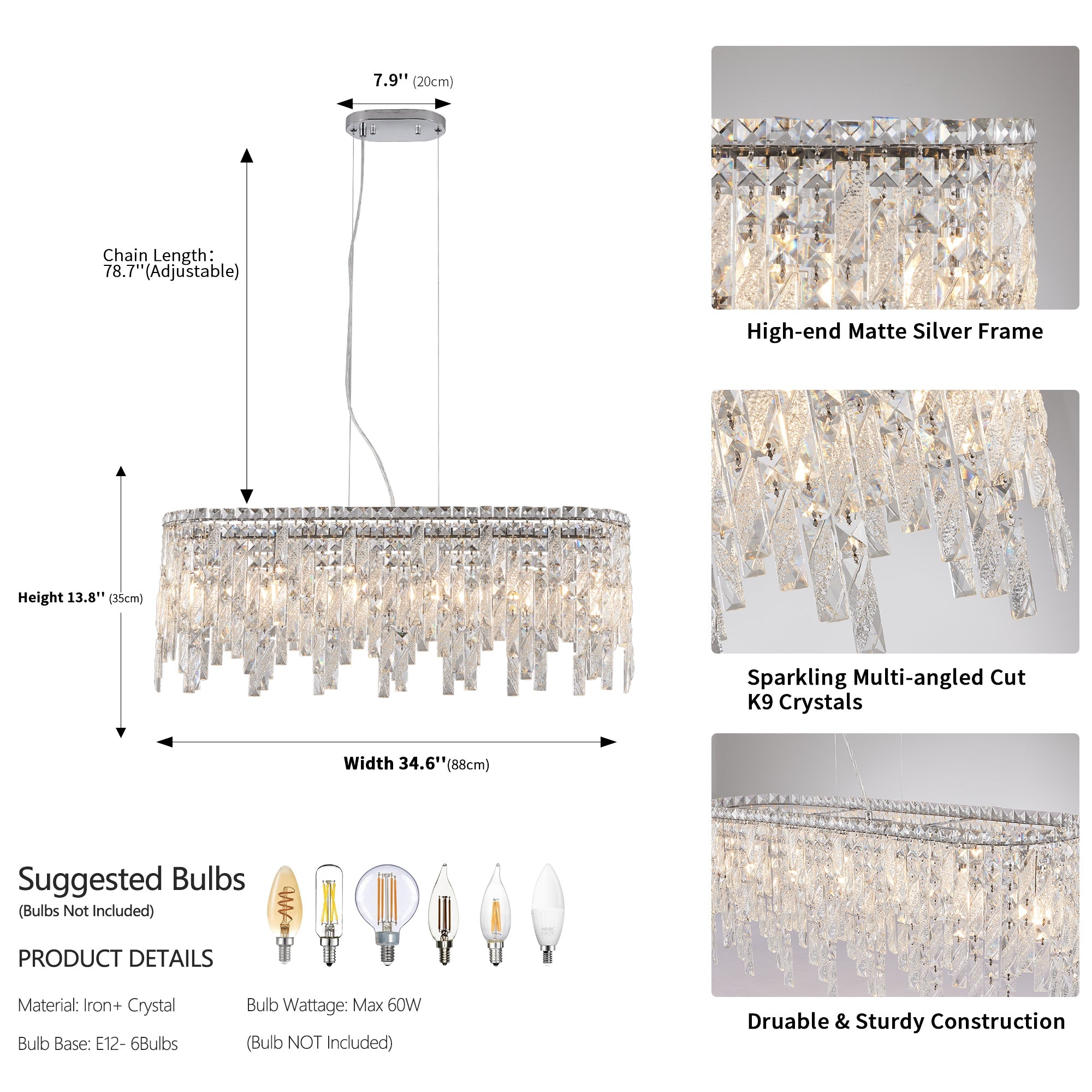 Silver elegant oval crystal pendant light, modern ceiling fixture with reflective suspended crystal (bulb not included)