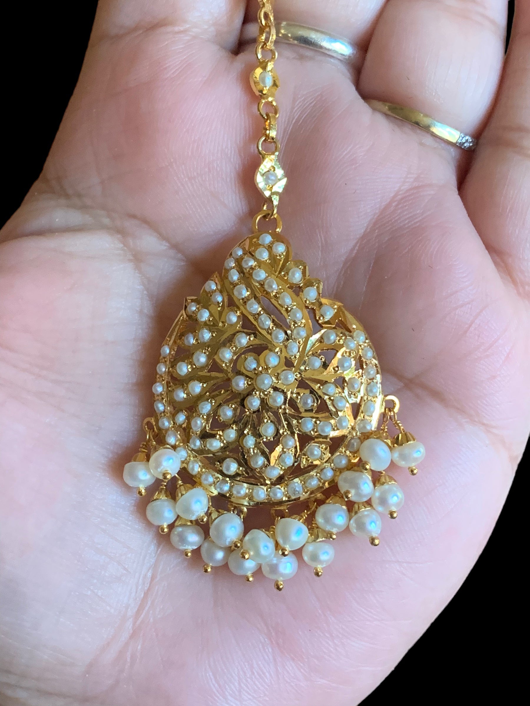 Gold plated silver tikka in fresh water pearls ( SHIPS IN 4 WEEKS )