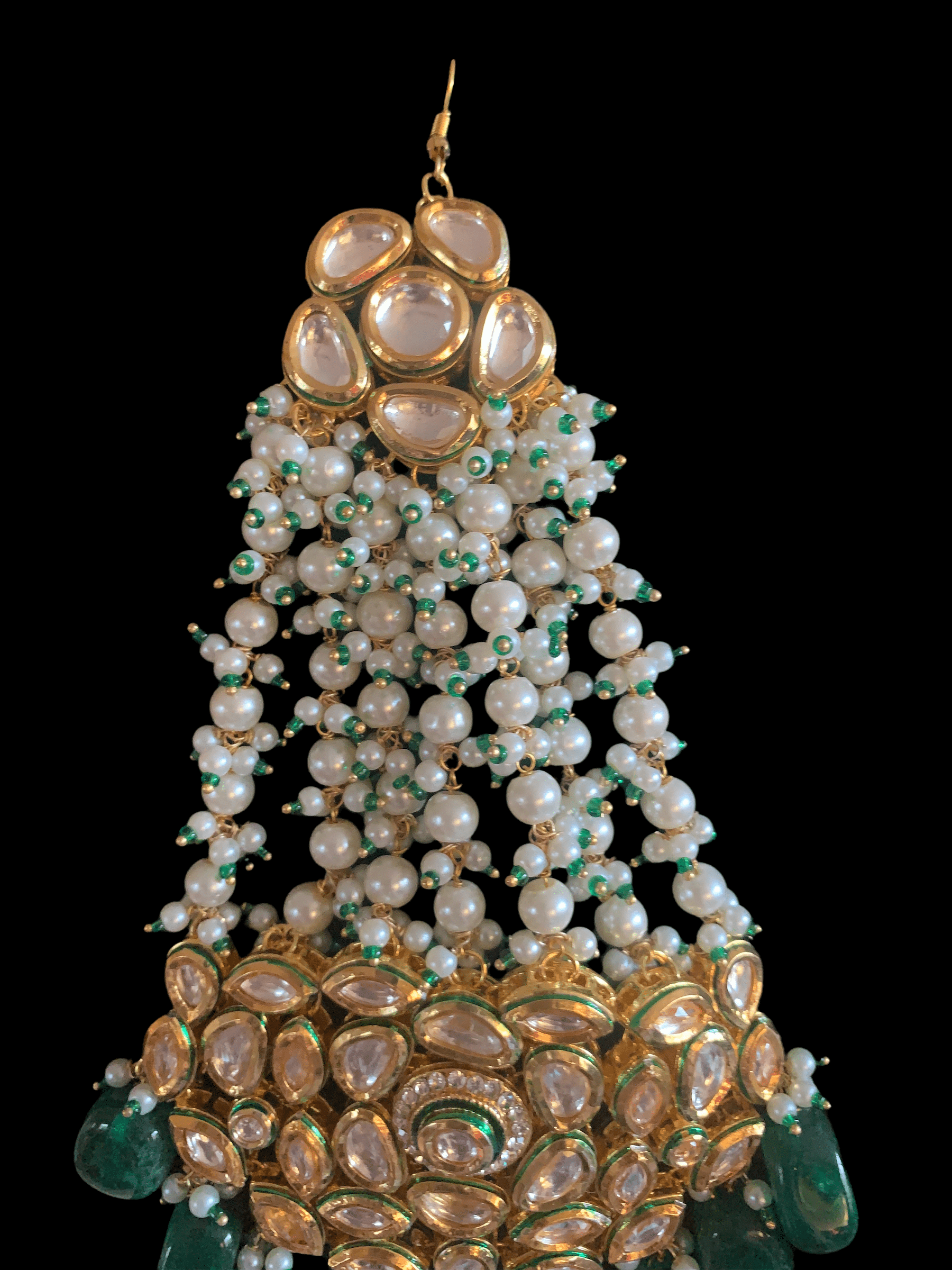 Trikha pearl kundan Jhoomar with green beads  ( SHIPS IN 4 WEEKS )