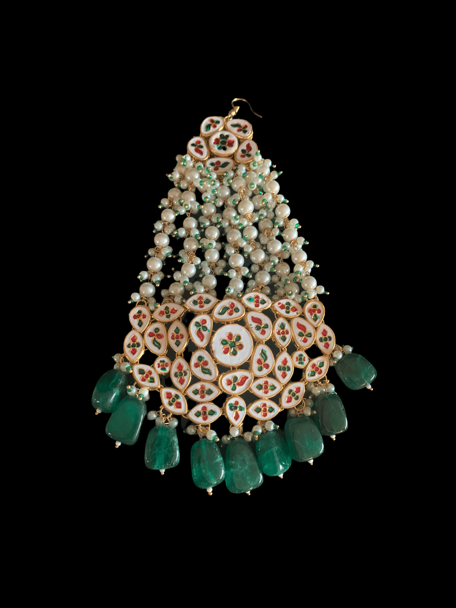 Trikha pearl kundan Jhoomar with green beads  ( SHIPS IN 4 WEEKS )